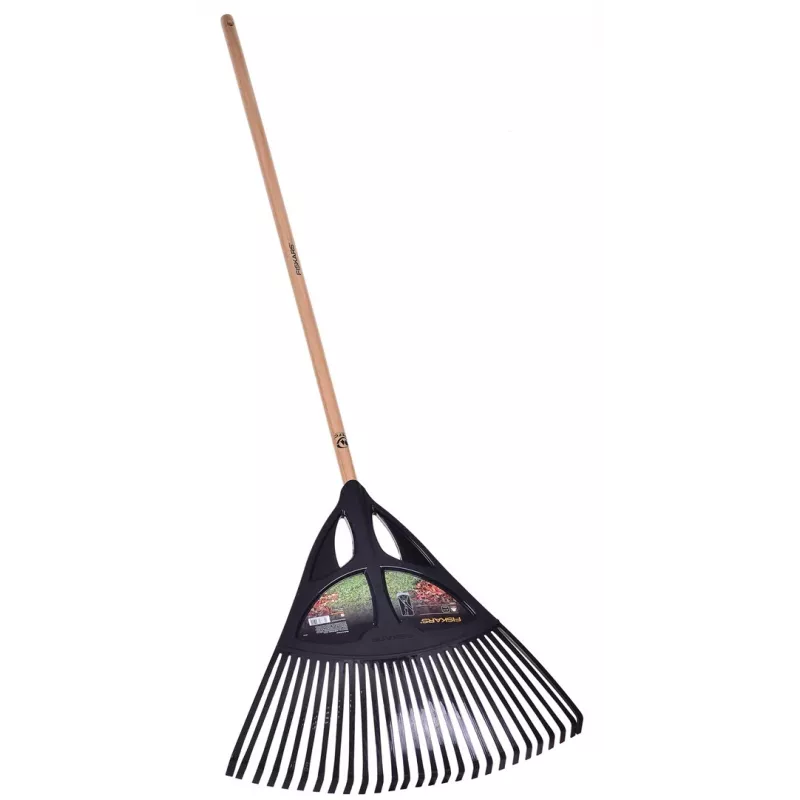 Fiskars Solid lapų grėblys, 52 cm polipropileno galvutė, 175 cm aliuminio kotas, 25 lanksčios šakelės, juoda/oranžinė