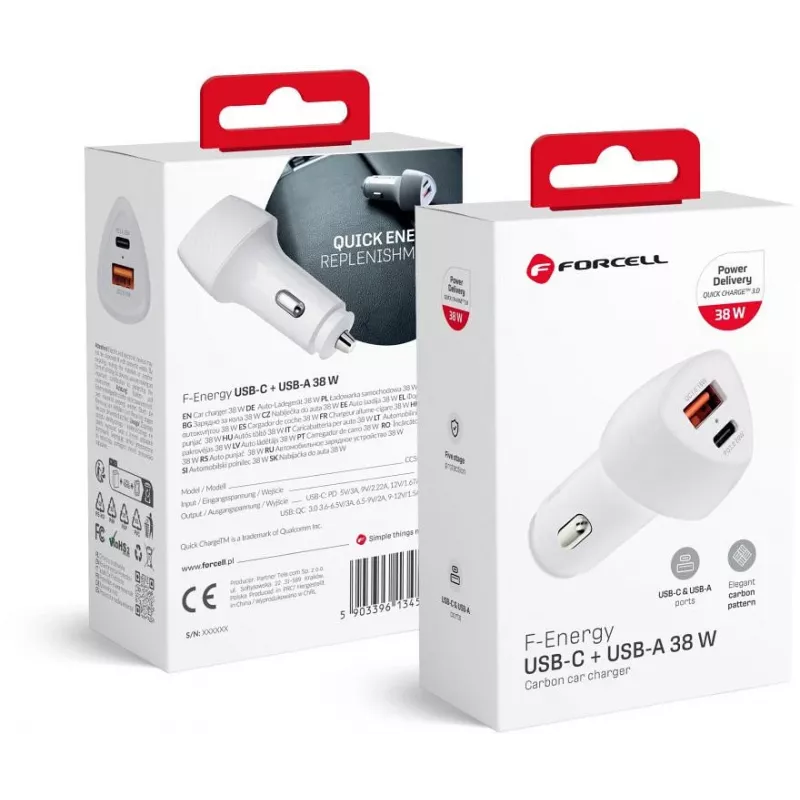 Forcell Carbon CC50-1A1C 38W USB-C PD + USB-A QC 3.0 automobilinis įkroviklis - baltas