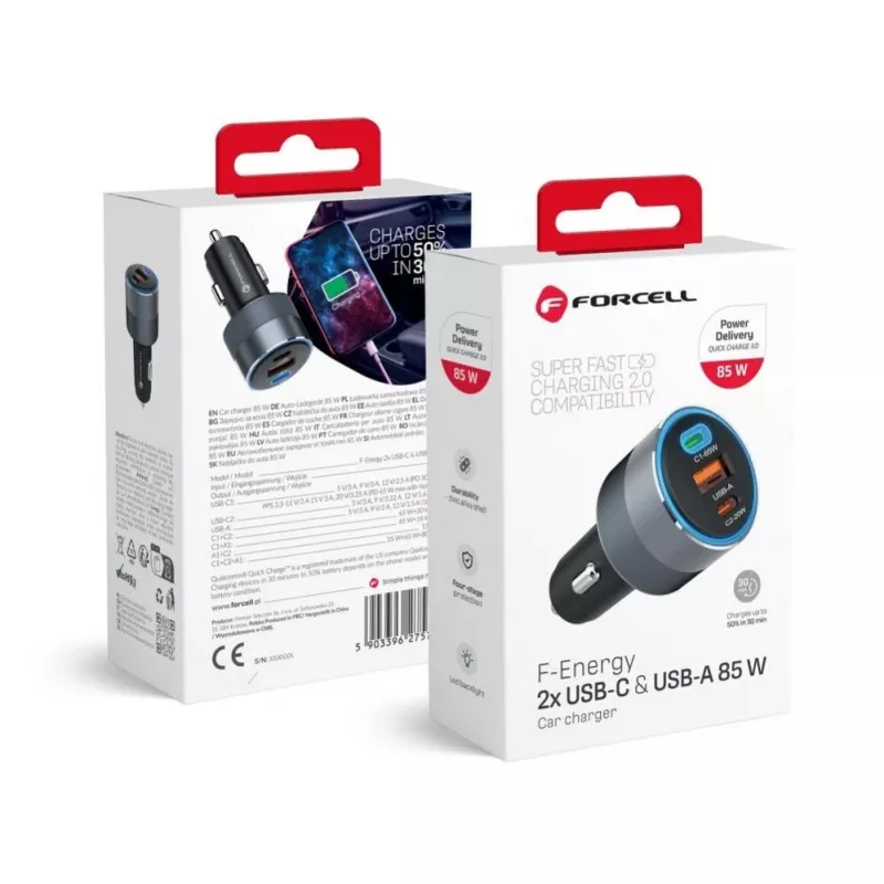 Forcell F-Energy Alu automobilinis įkroviklis 2 x Type C + USB A PD QC4 SFC 2.0 4.5A 85W