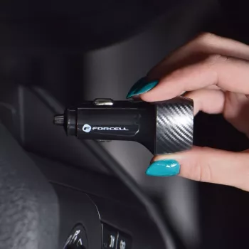 Forcell F-Energy Carbon automobilinis įkroviklis USB-C QC3.0 PD 20W su USB-C – Lightning laidu CC50-1C juodas