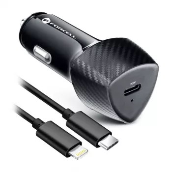 Forcell F-Energy Carbon automobilinis įkroviklis USB-C QC3.0 PD 20W su USB-C – Lightning laidu CC50-1C juodas