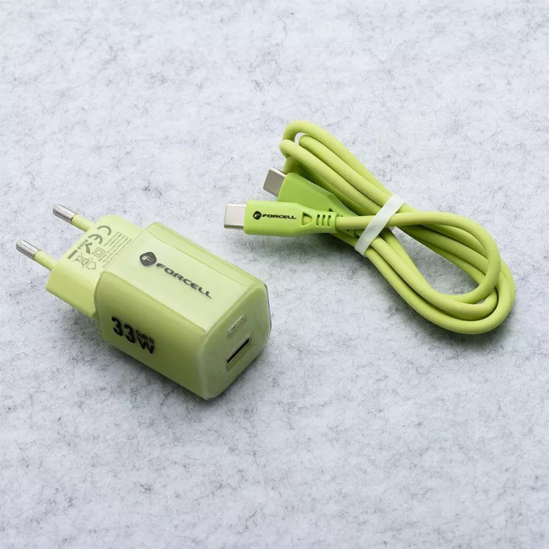 Forcell F-Energy GaN III VT-41 33 W sieninis įkroviklis, 1x USB-C PD 3.0/PPS ir 1x USB-A QC 4.0, žalias