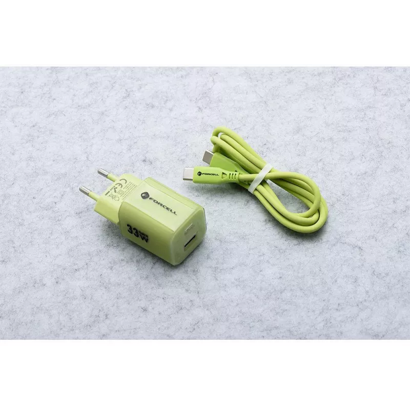 Forcell F-Energy GaN III VT-41 33 W sieninis įkroviklis, 1x USB-C PD 3.0/PPS ir 1x USB-A QC 4.0, žalias
