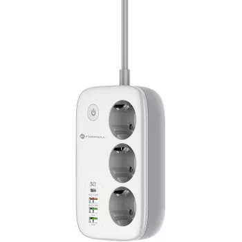 Forcell F-Energy VT-PS03 išmanusis ilgintuvas, 3x Schuko lizdai, USB-C PD 30W, 3x USB-A QC 3.0, Wi-Fi, Tuya programėlės valdymas, 2500W/10A