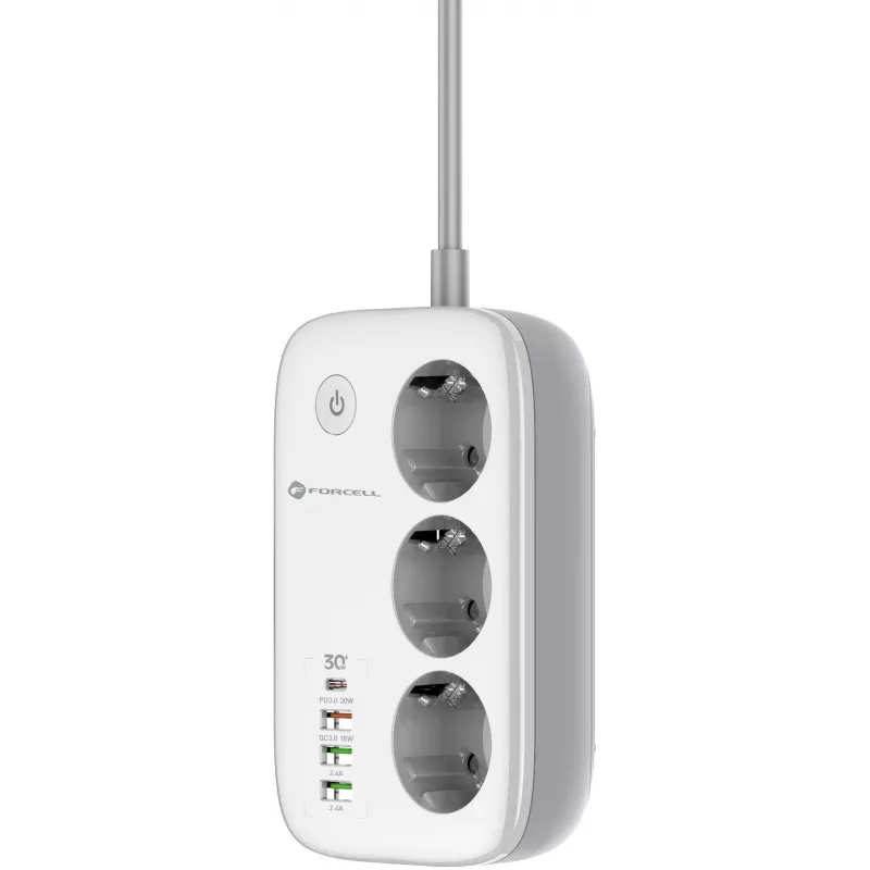 Forcell F-Energy VT-PS03 išmanusis ilgintuvas, 3x Schuko lizdai, USB-C PD 30W, 3x USB-A QC 3.0, Wi-Fi, Tuya programėlės valdymas, 2500W/10A
