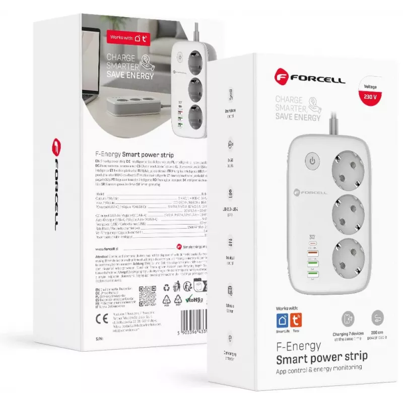 Forcell F-Energy VT-PS03 išmanusis ilgintuvas, 3x Schuko lizdai, USB-C PD 30W, 3x USB-A QC 3.0, Wi-Fi, Tuya programėlės valdymas, 2500W/10A