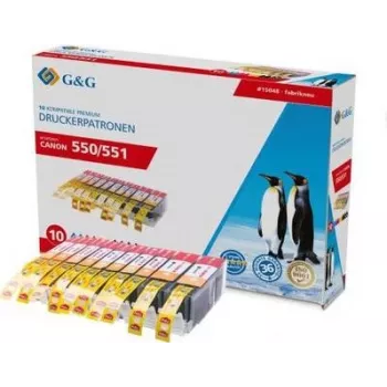 G&G suderinami Canon PGI-550 XL ir CLI-551 XL didelės talpos rašalo kasetės, 10 vienetų rinkinys (juoda, foto juoda, žydra, purpurinė, geltona) 15048