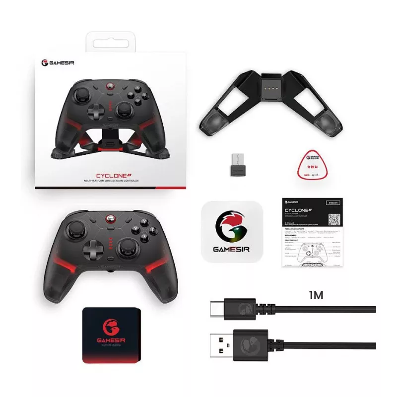 GameSir Cyclone 2 Tri-Mode belaidis žaidimų valdiklis su Hall Effect svirtimis ir trigeriais, RGB apšvietimu, programuojamais galiniais mygtukais, 6 ašių giroskopu, 20h baterija – juoda