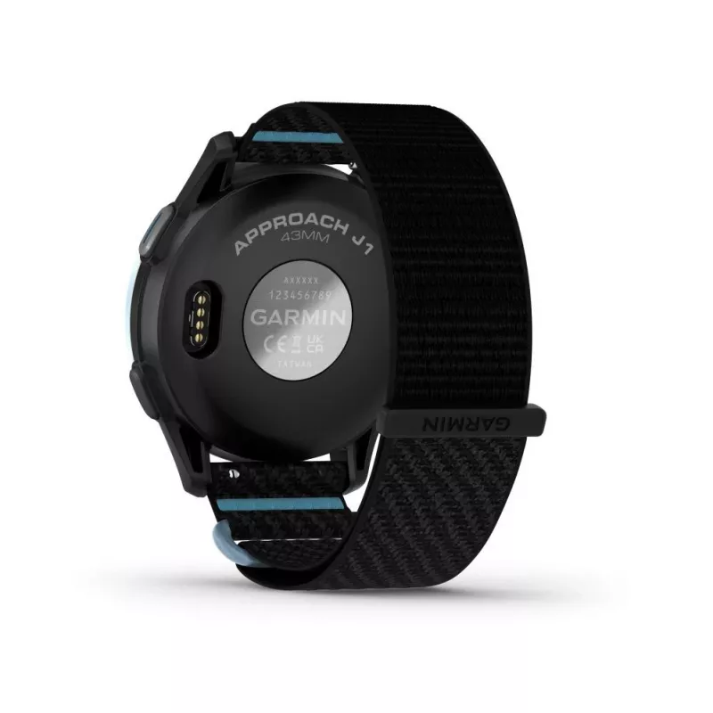 Garmin Approach J1 laikrodis su GPS golfo funkcija, Cloud Blue aliuminio rėmeliu ir Black/Azure ComfortFit audinio apyranke