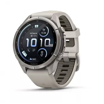 Garmin Fenix 9 Pro – inReach, 43mm titaninis su Fog Grey/Dark Sandstone silikoniniu dirželiu