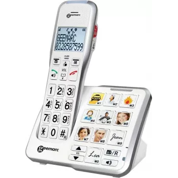 Geemarc AmpliDECT 595 Photo belaidis telefonas su nuotraukų mygtukais, atsiliepimo aparatu ir apšviestu ekranu, baltas