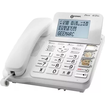Geemarc CL595 Laidinis Senjorų Telefonas su Atsiliepimo Aparatu, Laisvų Rankų Režimu, Vizualiniu Skambučio Indikatoriumi, Pritaikytas Klausos Aparatams, Avariniu Pakabuku, Baltas