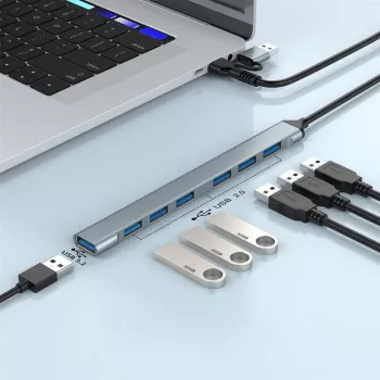 Gembird 7-Port USB 3.2 Gen 2 Hub - 6x USB-A 2.0 + 1x USB-A 3.2, sidabrinis