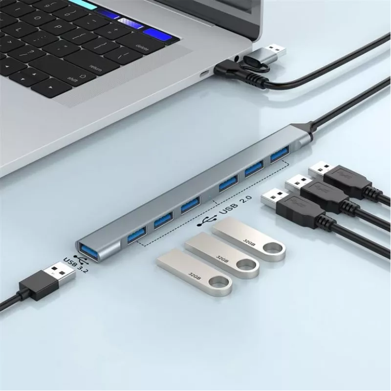 Gembird 7-Port USB 3.2 Gen 2 Hub - 6x USB-A 2.0 + 1x USB-A 3.2, sidabrinis