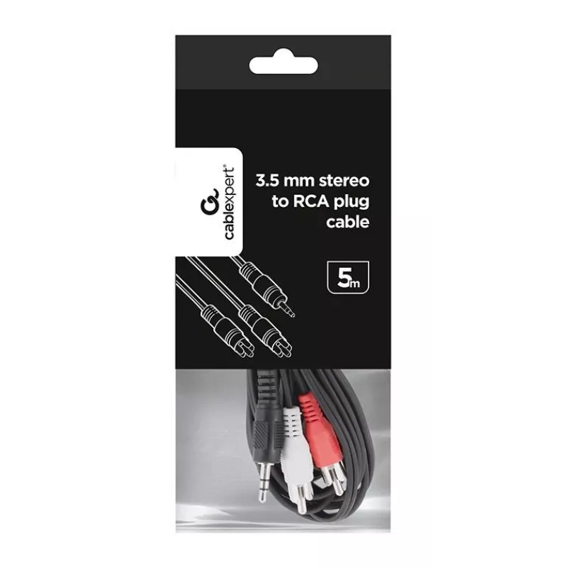 Gembird CCA-458-5M garso laidas, 3,5 mm lizdas – 2x RCA, kištukas–kištukas, 5 m