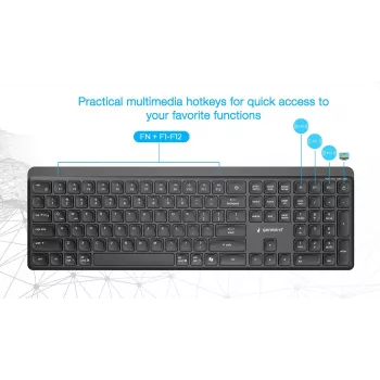 Gembird KB-WPS-03 dviejų režimų profesionalios klasės plonas belaidis klaviatūra, 2.4G + Bluetooth, JAV išdėstymas, juoda