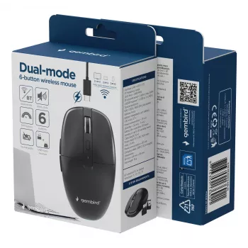 Gembird MUSW2-6B-01 belaidė pelė su dvigubu ryšiu, 2.4 GHz + Bluetooth 5.0, 1600 DPI, 6 mygtukai, juoda