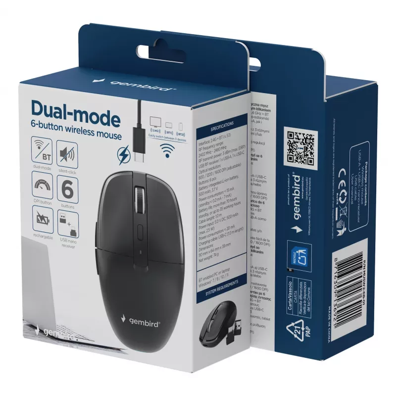 Gembird MUSW2-6B-01 belaidė pelė su dvigubu ryšiu, 2.4 GHz + Bluetooth 5.0, 1600 DPI, 6 mygtukai, juoda
