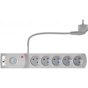 GETFORT 5 lizdų apsauginis prailgintuvas su 2 USB įkrovimo prievadais, 1,5 m kabelis, pilkas