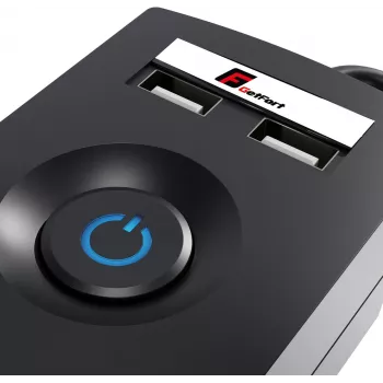 GETFORT 5P-3M-B-USB apsauginis prailgintuvas su 5 kištukiniais lizdais, 2 USB-A prievadais, 3 m kabeliu, juodas