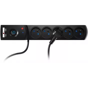 GETFORT 5P-3M-B-USB apsauginis prailgintuvas su 5 kištukiniais lizdais, 2 USB-A prievadais, 3 m kabeliu, juodas