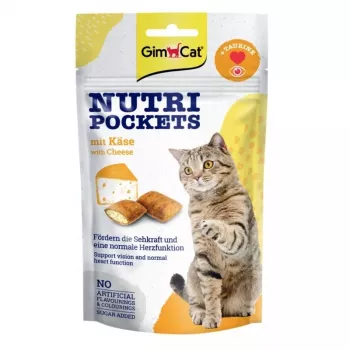GimCat Nutri Pockets su sūriu 60 g – traškūs skanėstai katėms su kreminiu sūrio įdaru, praturtinti vitaminais ir taurinu