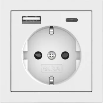Gira SCHUKO lizdas su USB maitinimo šaltiniu, 2x USB-A 5V 2.1A, įleidžiamas, baltas blizgus 245970