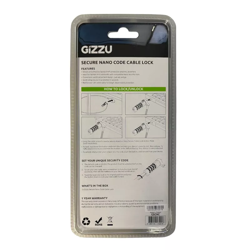 GIZZU 1,8 m Nano kombinacinis fiksavimo kabelis - 4 skaitmenų, perprogramuojamas, pintas plienas, Kensington Nano lizdui (juodas/sidabrinis)