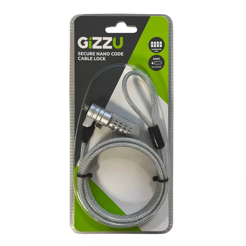 GIZZU 1,8 m Nano kombinacinis fiksavimo kabelis - 4 skaitmenų, perprogramuojamas, pintas plienas, Kensington Nano lizdui (juodas/sidabrinis)