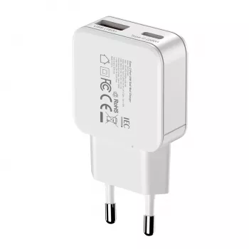Gizzu 2-Port 20W GaN sieninis įkroviklis USB-C PD 3.0 + USB-A QC 3.0 greito įkrovimo adapteris - baltas