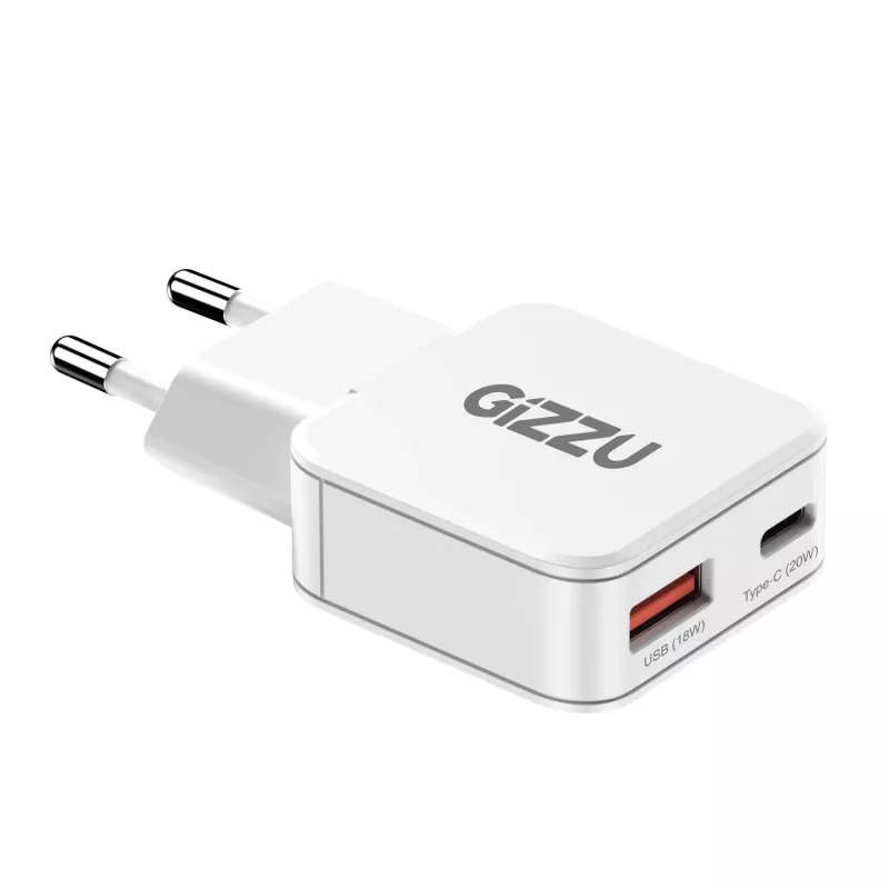 Gizzu 2-Port 20W GaN sieninis įkroviklis USB-C PD 3.0 + USB-A QC 3.0 greito įkrovimo adapteris - baltas