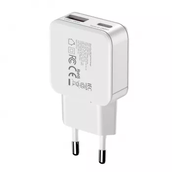 Gizzu 2 prievadų 30W GaN sieninis įkroviklis USB-C PD + USB-A QC baltas
