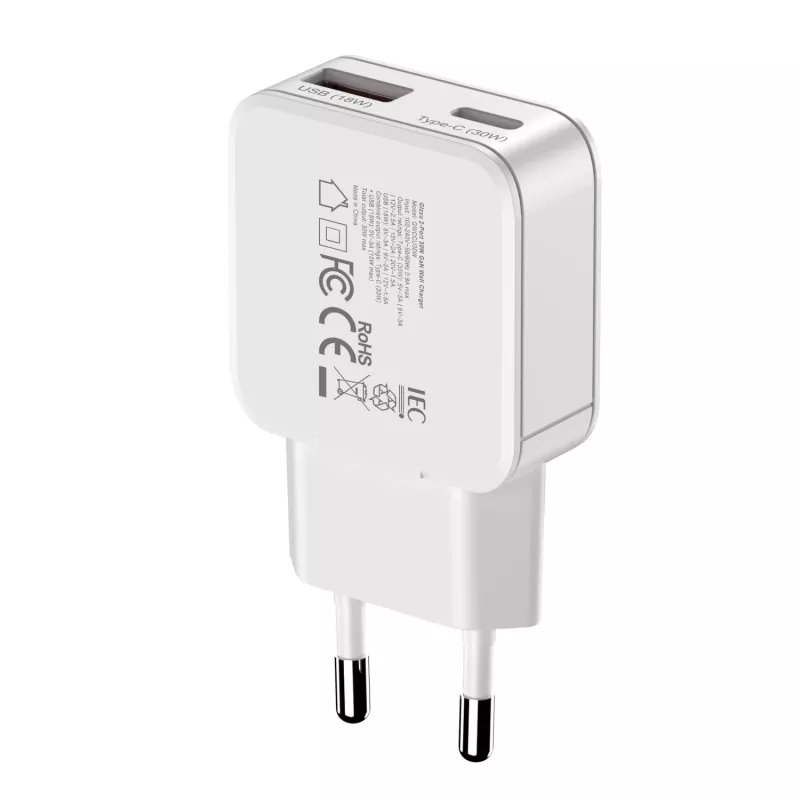 Gizzu 2 prievadų 30W GaN sieninis įkroviklis USB-C PD + USB-A QC baltas