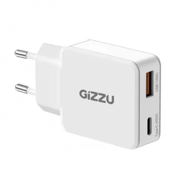 Gizzu 2 prievadų 45W GaN sieninis įkroviklis USB-C PD ir USB-A QC baltas