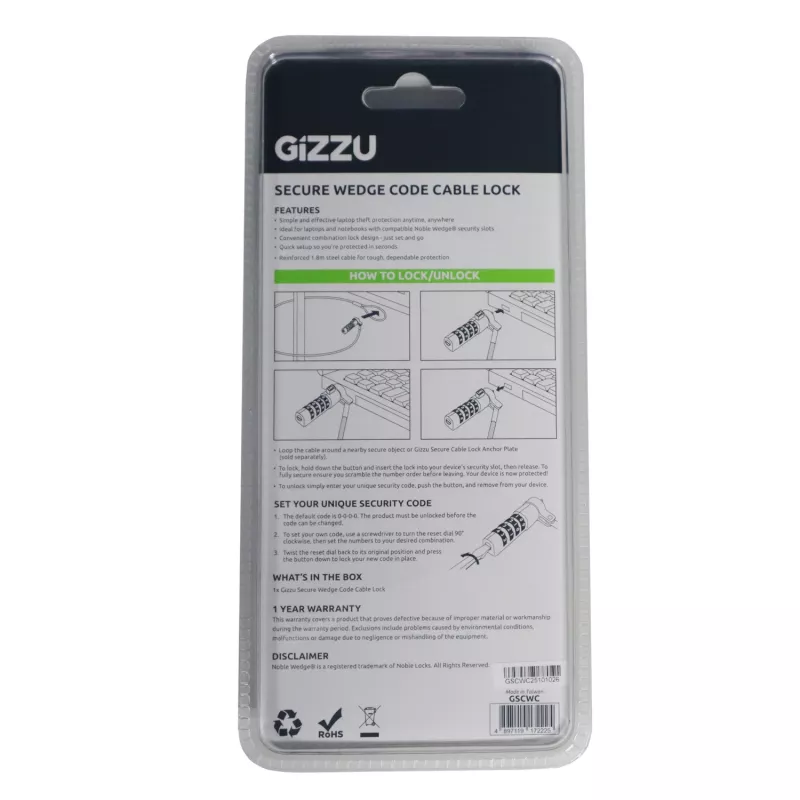 Gizzu Secure Wedge Code Cable Lock 1,8 m - kodinė spyna su plieniniu kabeliu