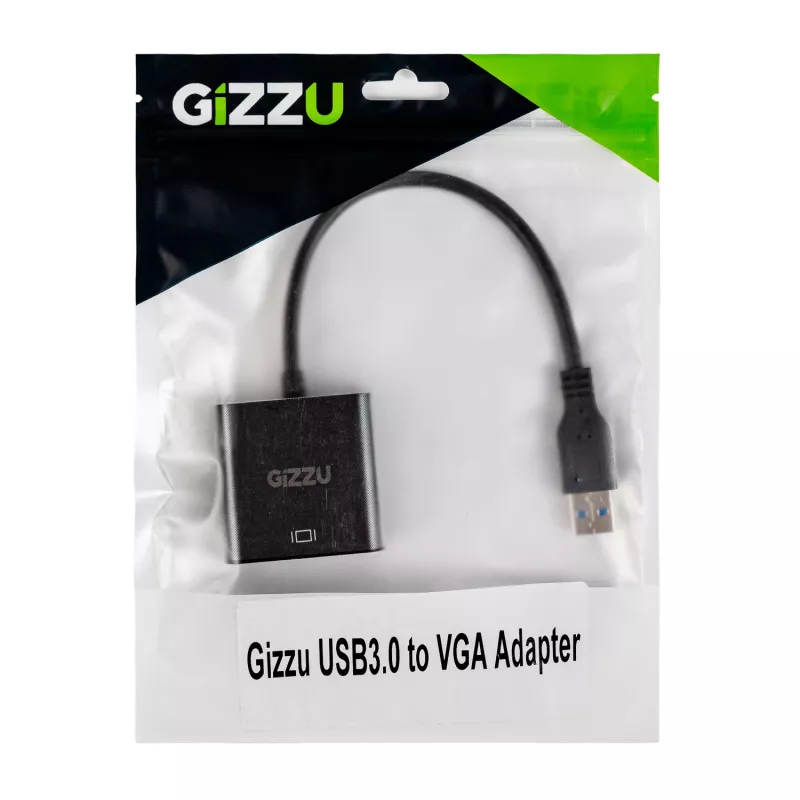 Gizzu USB 3.0 į VGA adapteris – Full HD 1080p išorinis vaizdo keitiklis, USB-A vyriškas į VGA moterišką, maitinamas iš USB, juodos spalvos