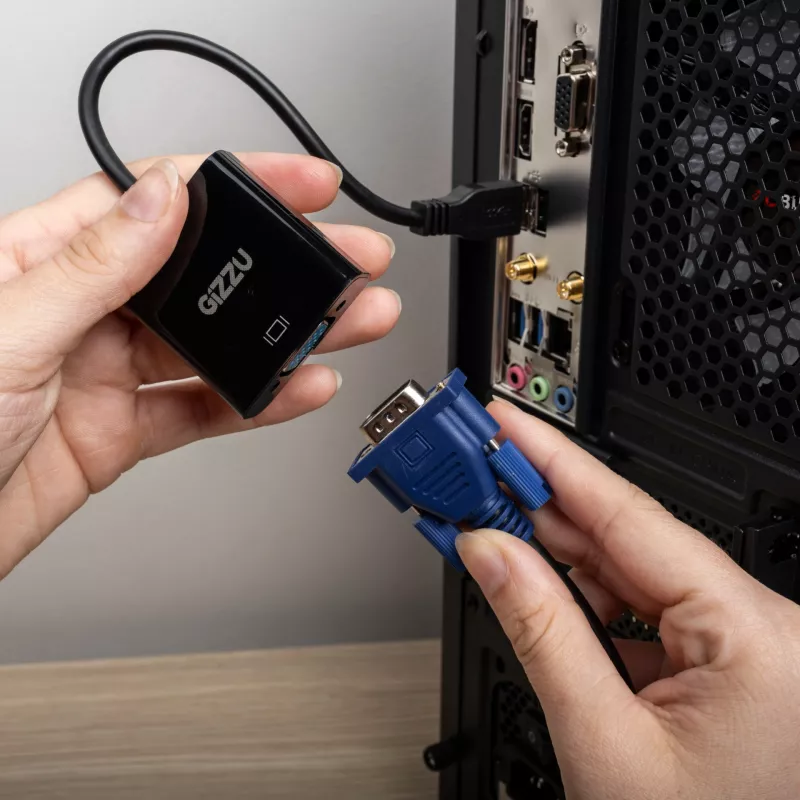 Gizzu USB 3.0 į VGA adapteris – Full HD 1080p išorinis vaizdo keitiklis, USB-A vyriškas į VGA moterišką, maitinamas iš USB, juodos spalvos