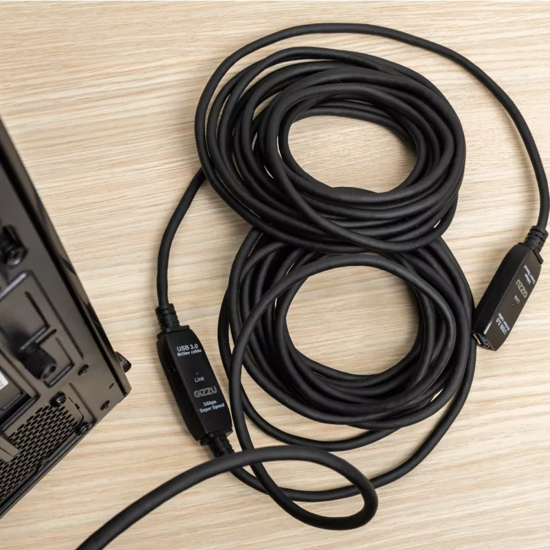 Gizzu USB3.0 Active Extension Cable 10m – 5Gbps SuperSpeed kartotuvas su signalo stiprintuvu, USB-A patinas į patelę, maitinamas iš magistralės su papildomu DC prievadu, juoda