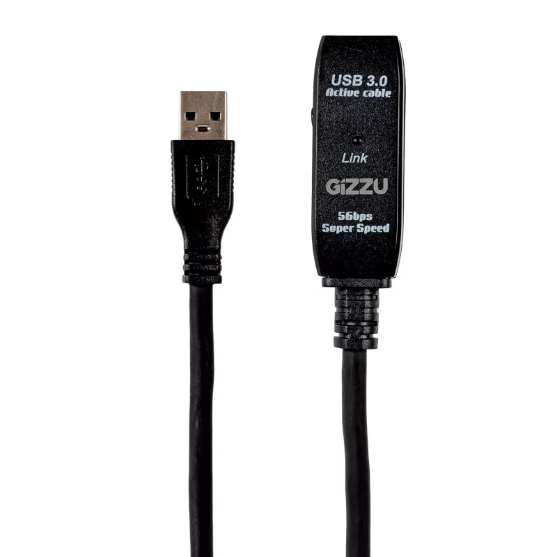 Gizzu USB3.0 Active Extension Cable 10m – 5Gbps SuperSpeed kartotuvas su signalo stiprintuvu, USB-A patinas į patelę, maitinamas iš magistralės su papildomu DC prievadu, juoda