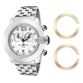 GLAM ROCK Women's Miami Beach Chronograph Watch GR32154 - 44mm nerūdijančio plieno korpusas, baltas silikoninis dirželis, šveicariškas kvarcinis mechanizmas