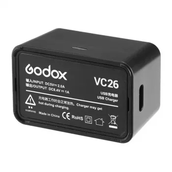 Godox VC26 USB-C įkroviklis V1 ir V860III blykstės baterijoms – 5V/2A įvestis, 8.4V/1A išvestis, LED indikatorius, su USB-A į USB-C laidu