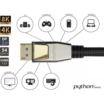 GoodConnections PREMIUM DisplayPort 2.0 kabelis, 54 Gbit/s, UHBR 13.5, 4K @240Hz / 8K @60Hz, visiškai metaliniai jungtys, varis (DP20-PY020)