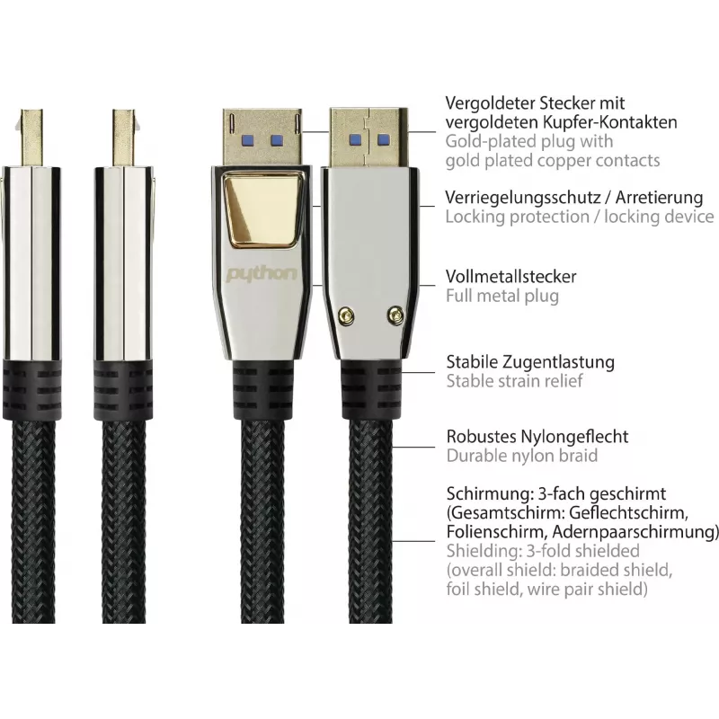 GoodConnections PREMIUM DisplayPort 2.0 kabelis, 54 Gbit/s, UHBR 13.5, 4K @240Hz / 8K @60Hz, visiškai metaliniai jungtys, varis (DP20-PY020)