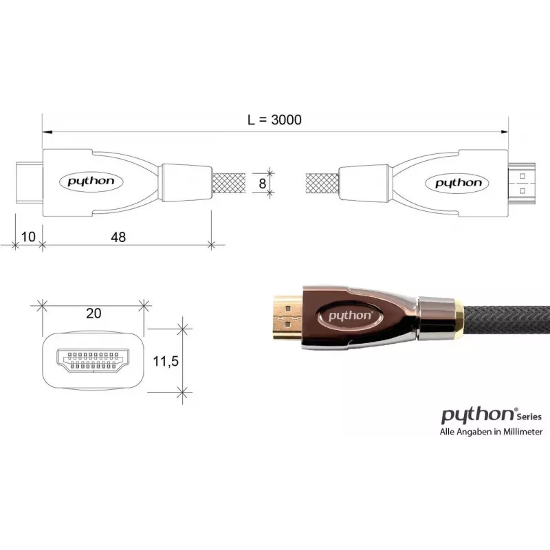 GoodConnections PYTHON Series didelės spartos HDMI kabelis su Ethernet, 4K UHD 60Hz, 18Gbps, auksuoti kontaktai, nailono pynimas, 3m, juodas (GC-M0018)