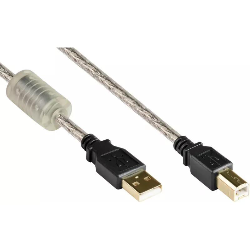 Good Connections USB 2.0 aukštos kokybės kabelis su ferito šerdimi ir auksiniais kontaktais, permatomas, 5m