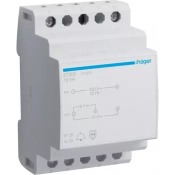 HAGER ST305 skambučio transformatorius 230V į 8/12V AC 8VA DIN bėgiui