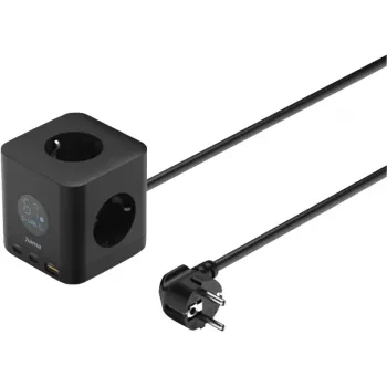 Hama 3 lizdų elektros skirstytuvas su 2x USB-C, 1x USB-A, 67W, ekranu, 1,4 m, juodas (00223196)