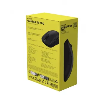 Hator Quasar 3S Pro Wireless žaidimų pelė, juoda, 26000 DPI, optinė, 2,4 GHz, USB-C, dešinei rankai, RGB