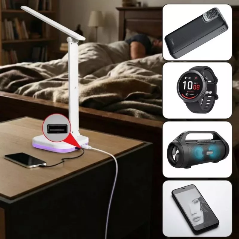 Hawk HWDL001WH LED stalinė lempa balta, 7W, jutiklinis reguliavimas, 3 spalvų temperatūros, USB įkrovimo prievadas