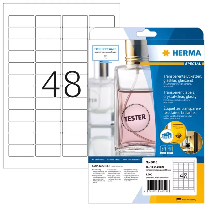 HERMA 8016 skaidrūs blizgūs poliesterio lipdukai A4 45,7 x 21,2 mm, 1200 vnt.